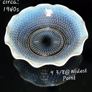 1940s 9 3/4" "Moonstone" Opalescent Hobnail Ruffled Bowl by Anchor Hocking